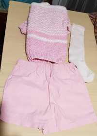 Детски розов комплект за момиче пуловер къс панталон чорапи