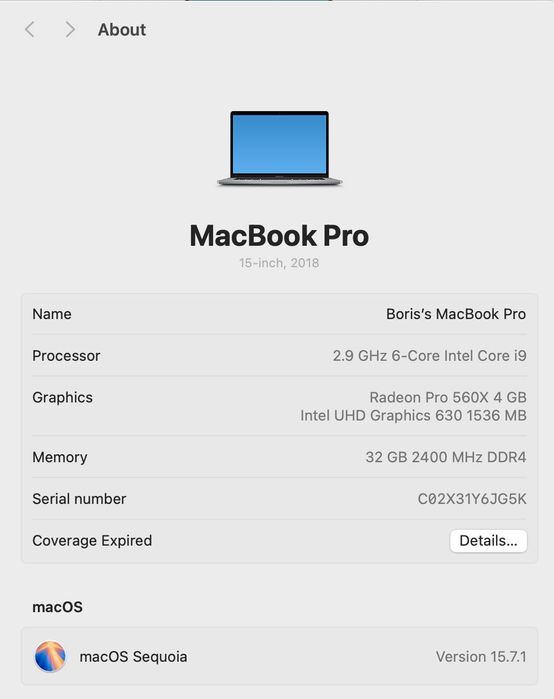 MacBook Pro 15'' 2018 - i9/32GB RAM/Radeon Pro 560X 4 GB/1 TB SSD