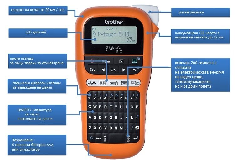 Brother P-touch E110VP етикетен принтер с клавиатура QWERTY, Германия