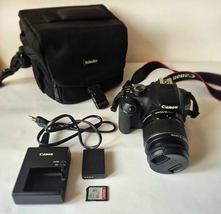 Canon 1200D + accesorii: (obiectiv 18-55mm si gentuta)