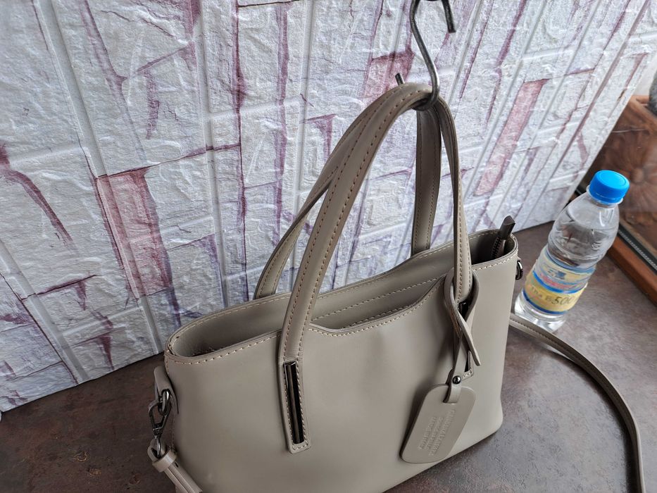 дамска чанта,бежова кожена чанта-естествена кожа