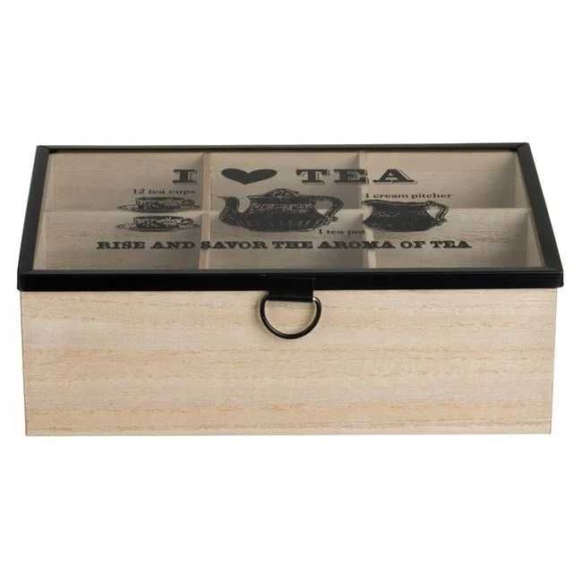 Дървена кутия с 6 отделения и стъклен капак за чай 24x16x8 cm