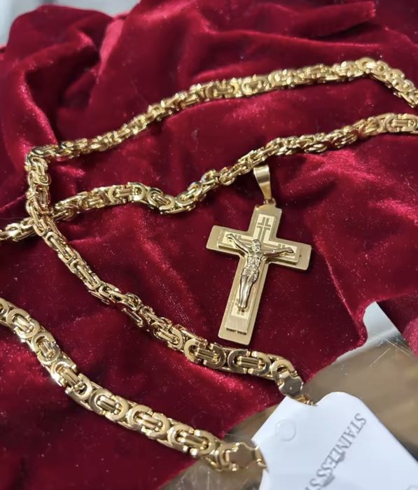 Lanț oțel inoxidabil placat cu aur 18K + cruciuliță