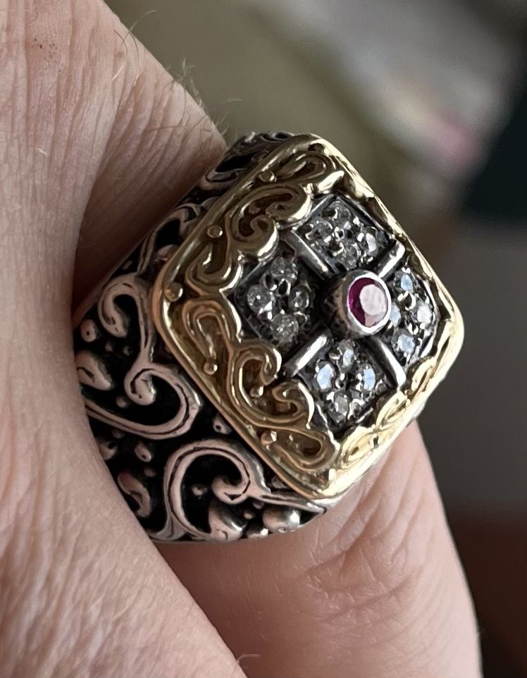Inel ghiul Gerochristo 16 diamante 1 rubin aur 18K argint