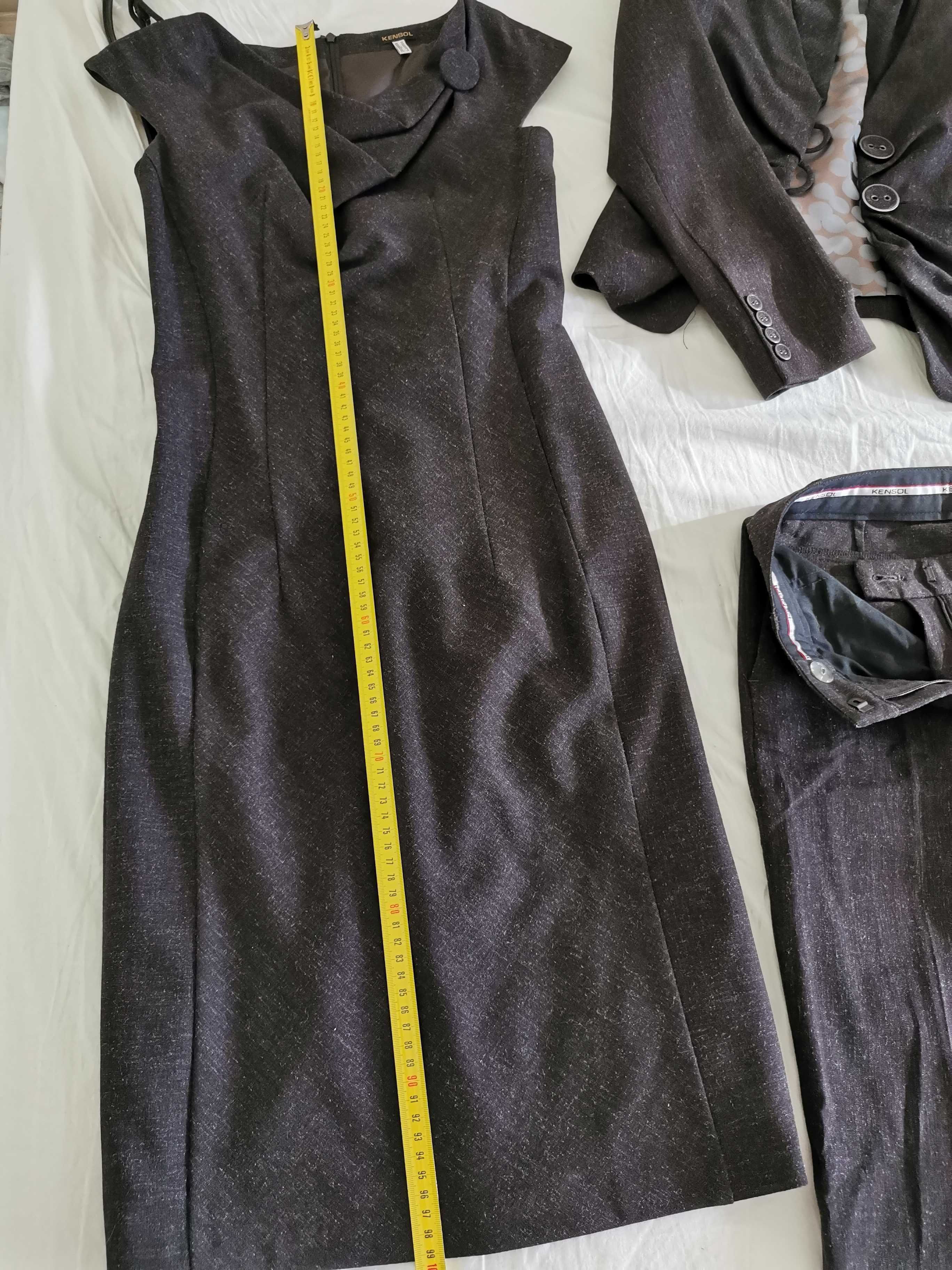 Дамски марков комплект S от 3 части рокля, сако и панталон с 2 колана