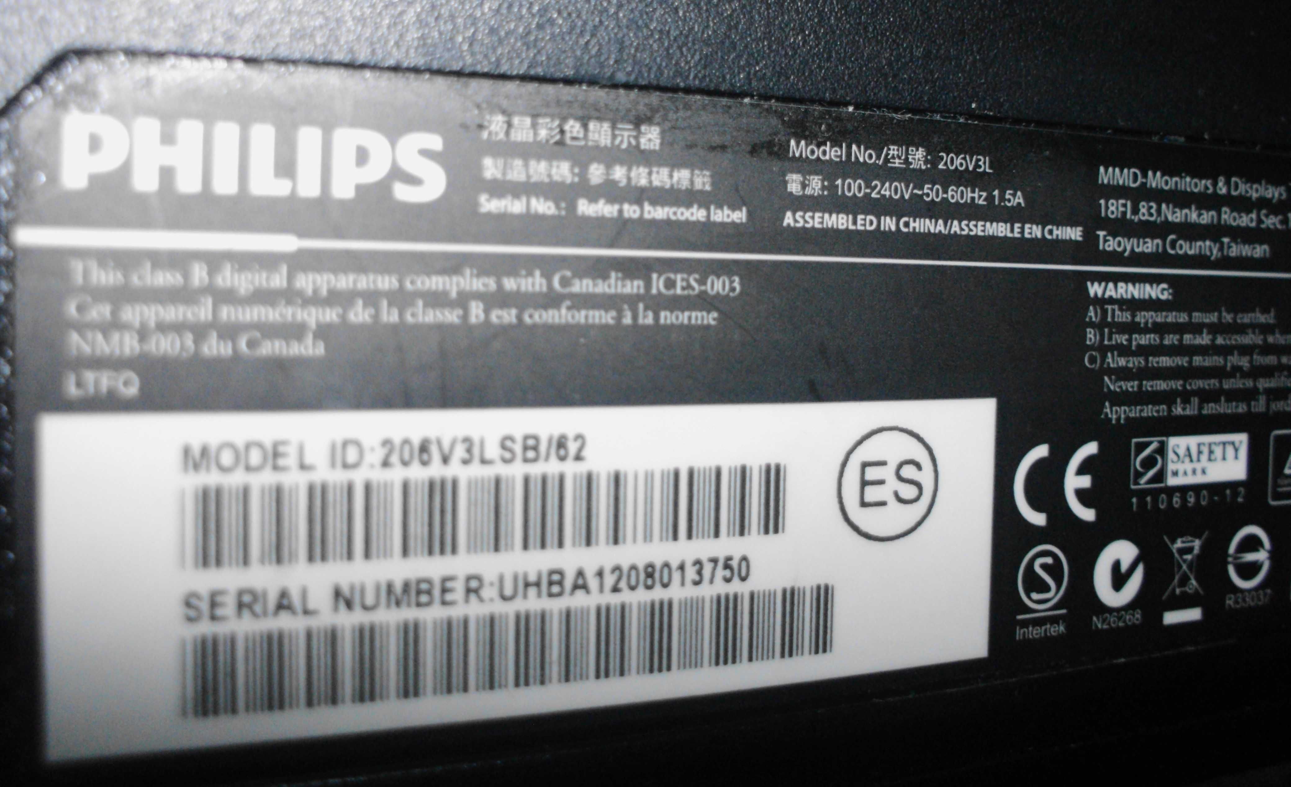 монитор Philips 206V3L работает нормально, нет подставки