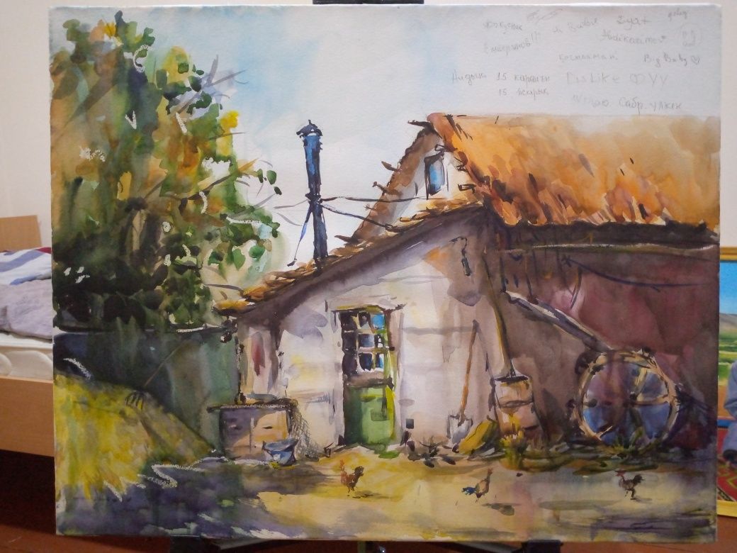 Картина акварели; дом в деревне