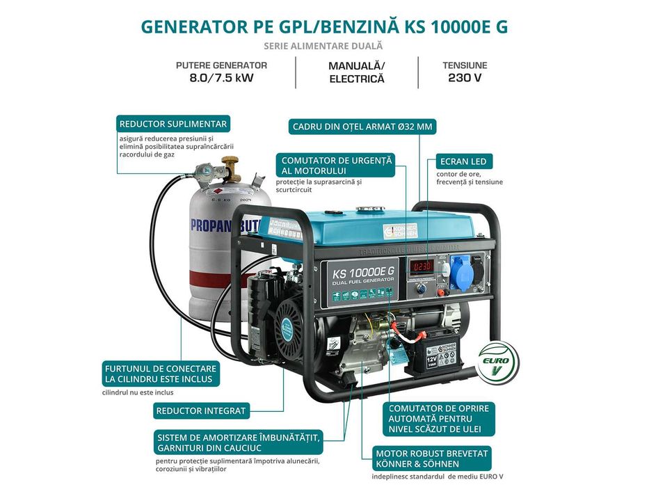 Generator de curent hibrid GPL/benzina 230V 8,0 kW Konner KS 10000E G