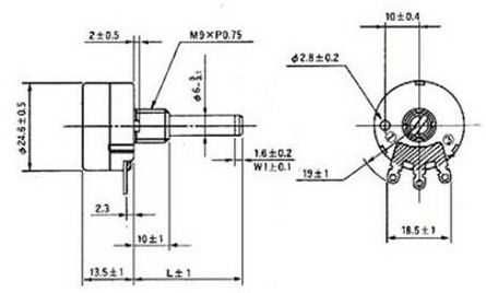 Potentiometru RV24YN20S 5K, 10K, 20K 100K (104) ohm.  RVQ24YN03