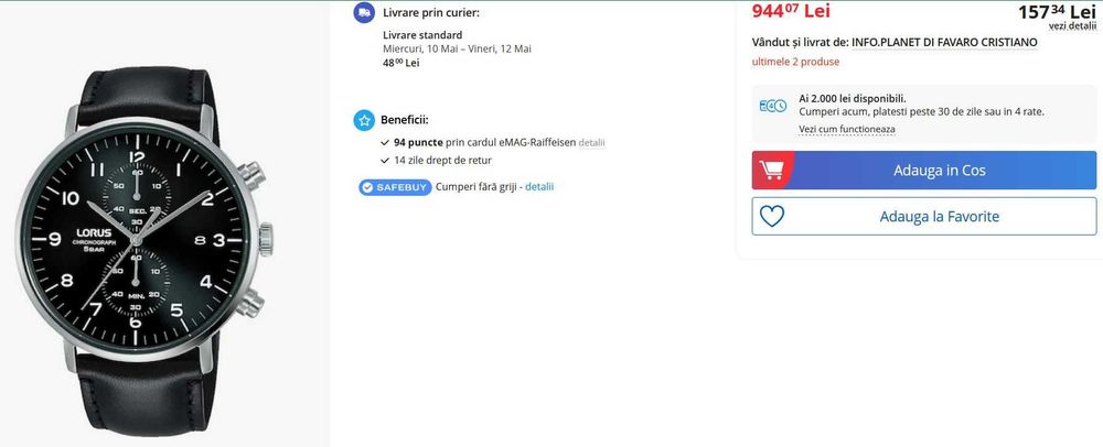 Ceas barbatesc Lorus RW409AX9, Quartz, 43mm, 5ATM, nou