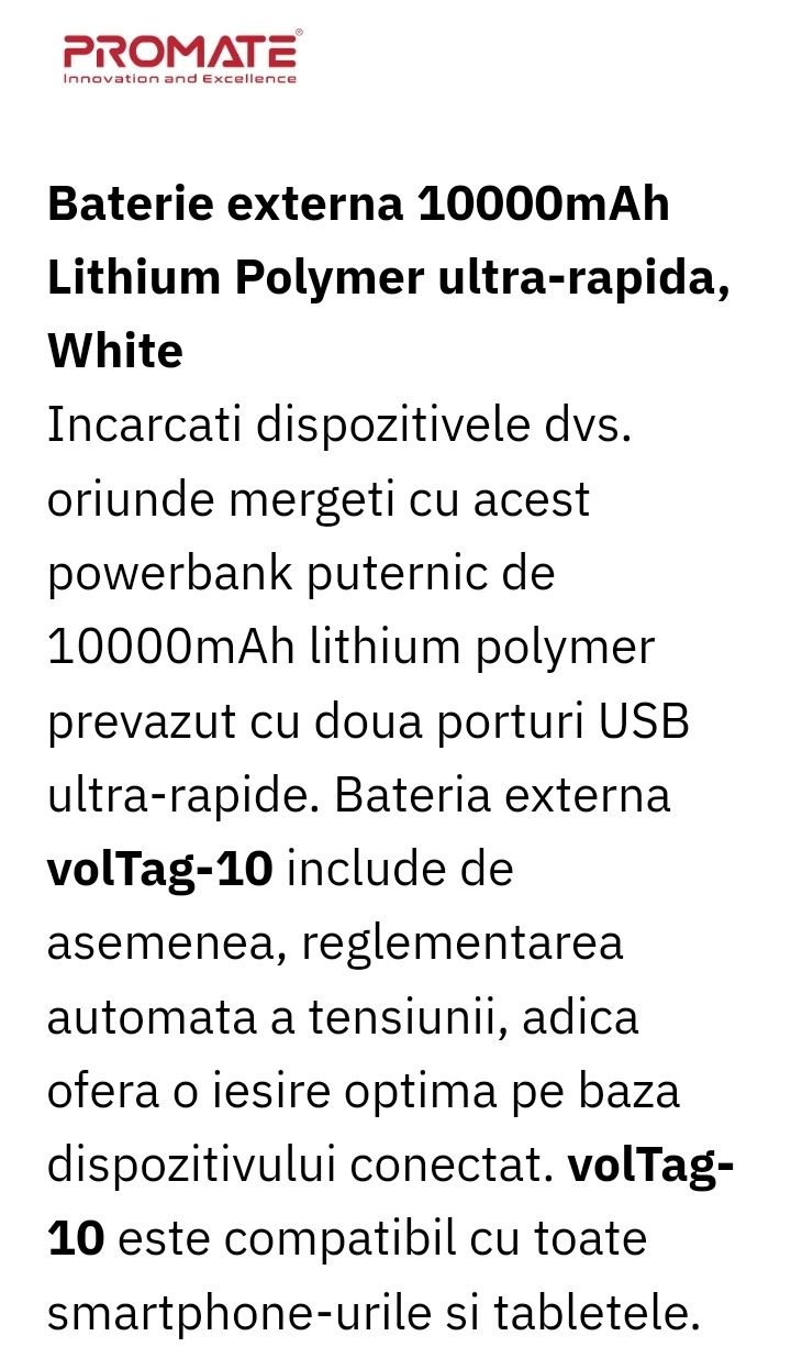 Baterie externă universală. Model: PROMATE VolTag-10
