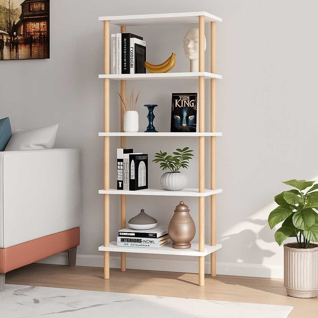 Raft decorativ cu 5 polite din lemn, design modern, 29x60x137 cm