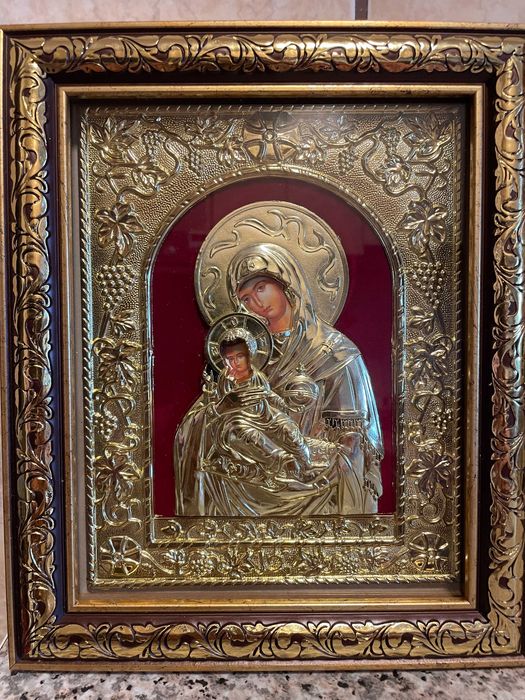 icoana veche argintata icoana maica domnului dim 24x27 icoana veche