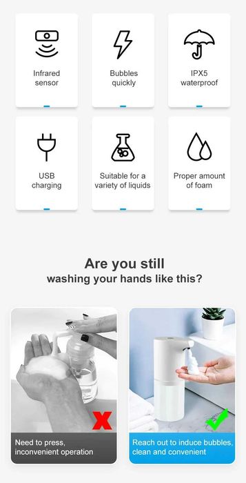 Dispenser de săpun spuma cu senzor infraroșu, pt baie, USB, Doza incl
