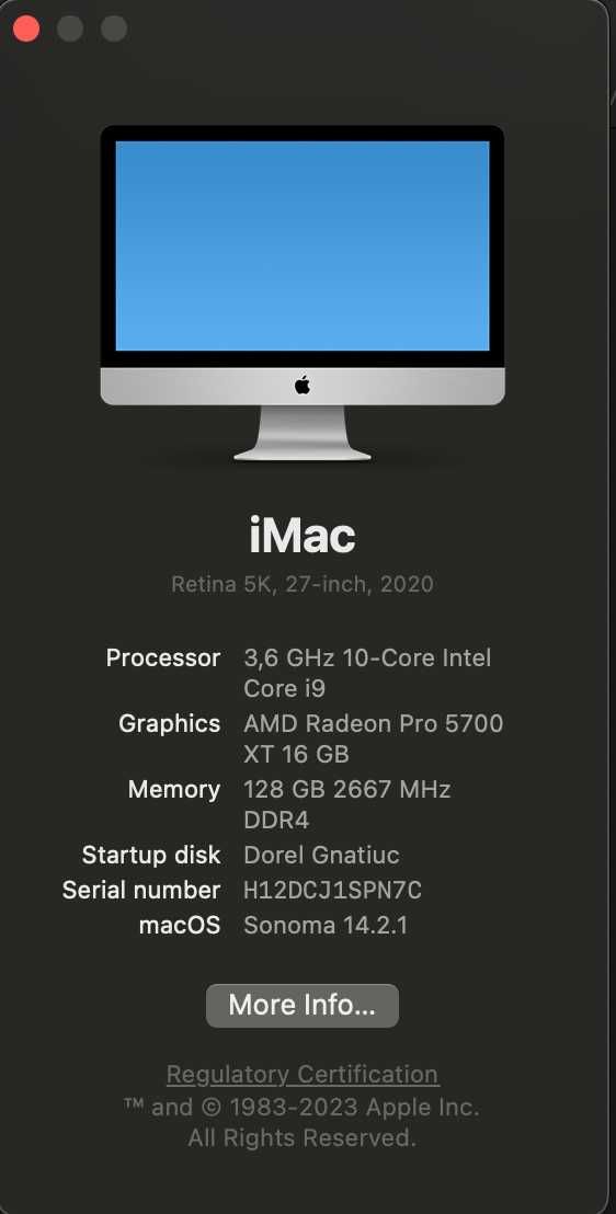 iMac 5k 2020 / i9 - 3,6 GHz 10-Core / Radeon Pro 5700 16gb / 126GB Ram