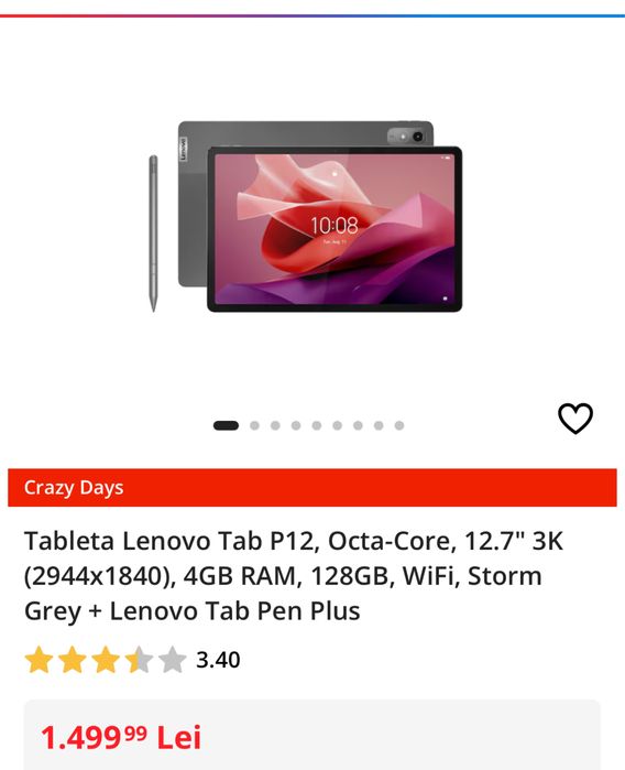 Lenovo Tab P12, 12.7" 3K, 4GB RAM, 128GB + Pen, sigilata, OCAZIE