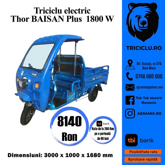 Triciclu electric marca Thor Baisan Plus cu cabina 1800 W Agramix NOU
