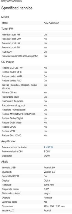 Sistem auto Sony XAV-AX8050D 8,95" Negru Folosit in Cutie ca NOU