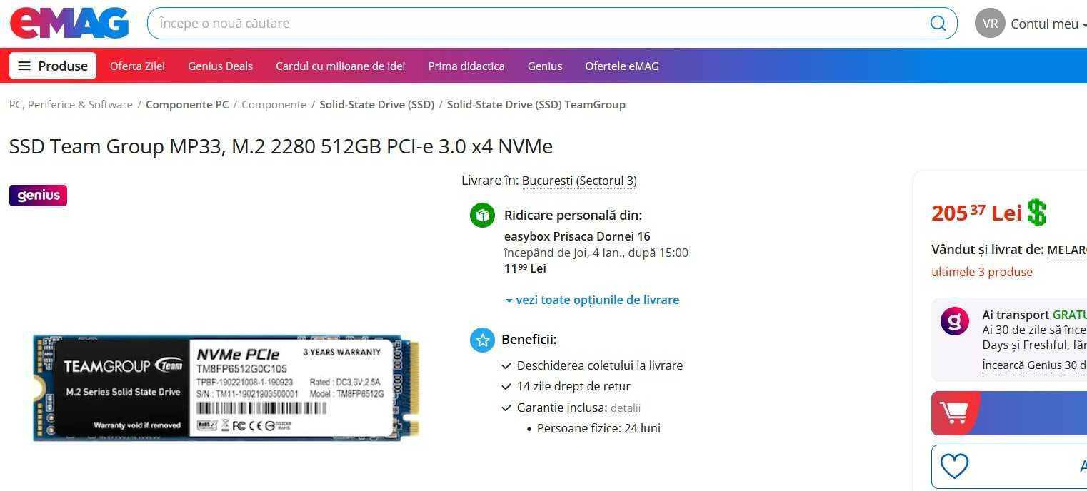 SSD TeamGroup 512GB M.2 NVMe PCIe sigilat Livrare Gratuita