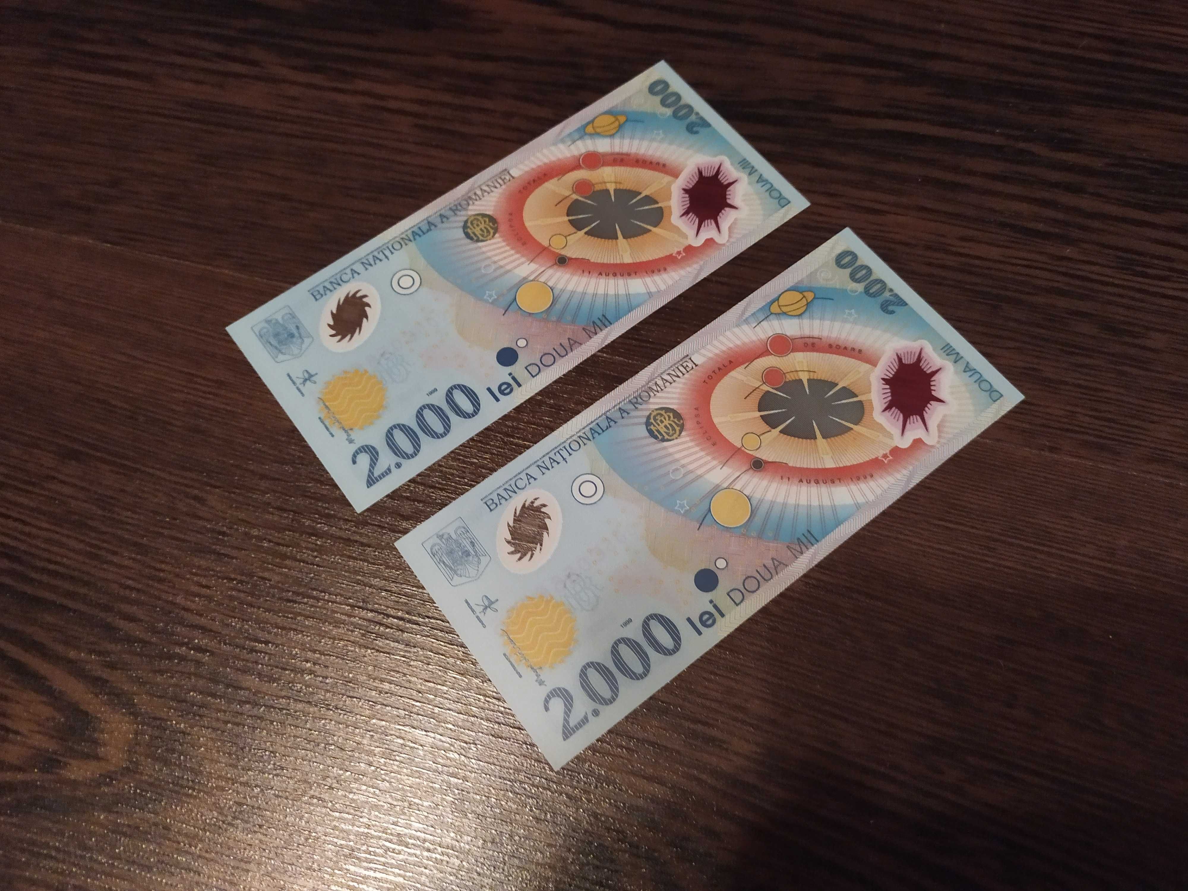 2 Bacnote Necirculate 2000 Lei Eclipsa totala de soare 1999