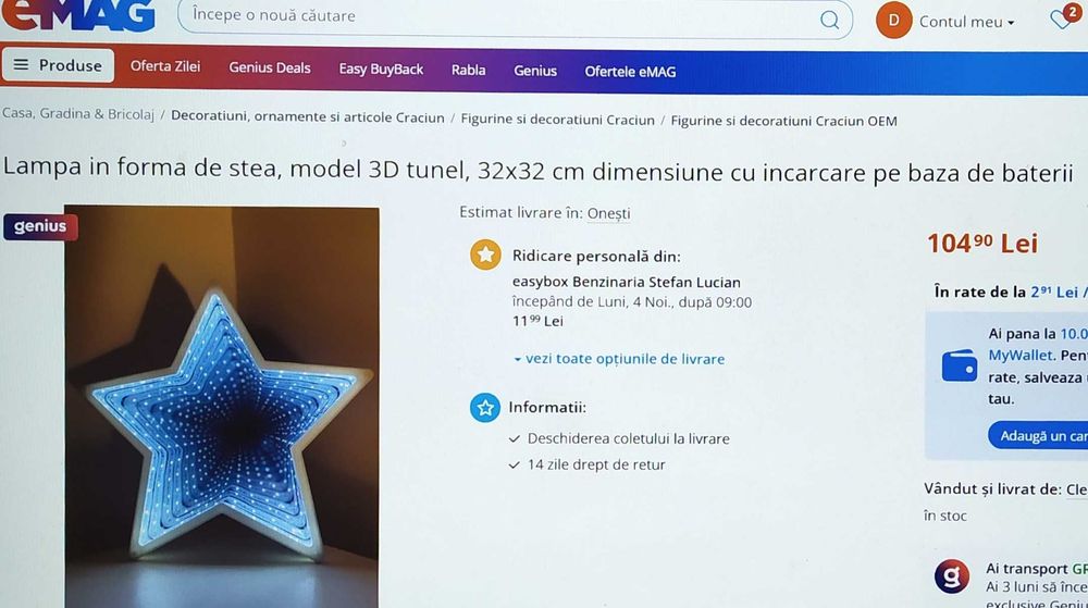 Stea cu LED  infinity mirror + felinar LED din metal și sticlă .