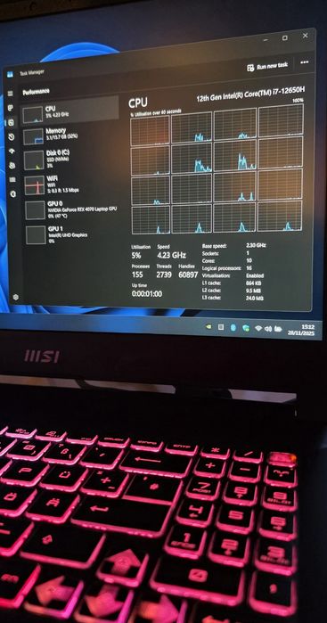 Laptop gaming MSI i7 12th 16 core 4.7GHz 16GB DDR5 RTX 4070 144 Hz