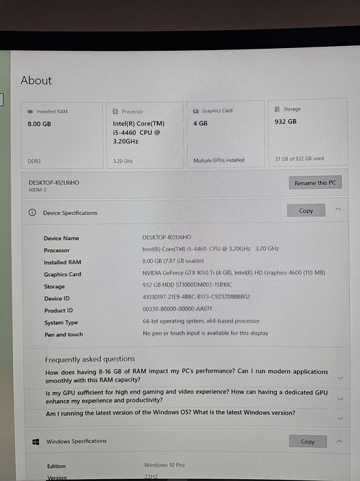 PC Gaming i5 4460, 8Gb ram, Gtx 1050 ti 4Gb