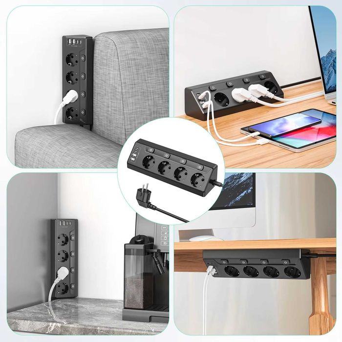 Priza HITRENDS de colt cu 4 prize, 2 usb A si 2 usb C, neagra sau alba