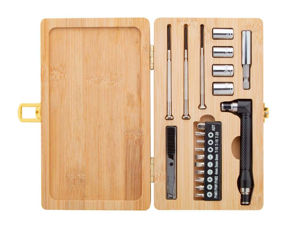 Set de scule 21 piese, in cutie de bambus - Nou