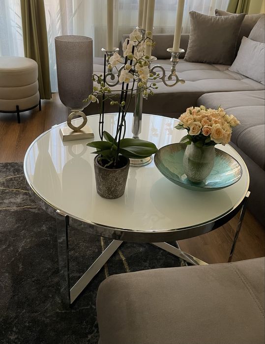 Masuta cafea rotunda Lorian, alba cu balt din sticla 93 cm