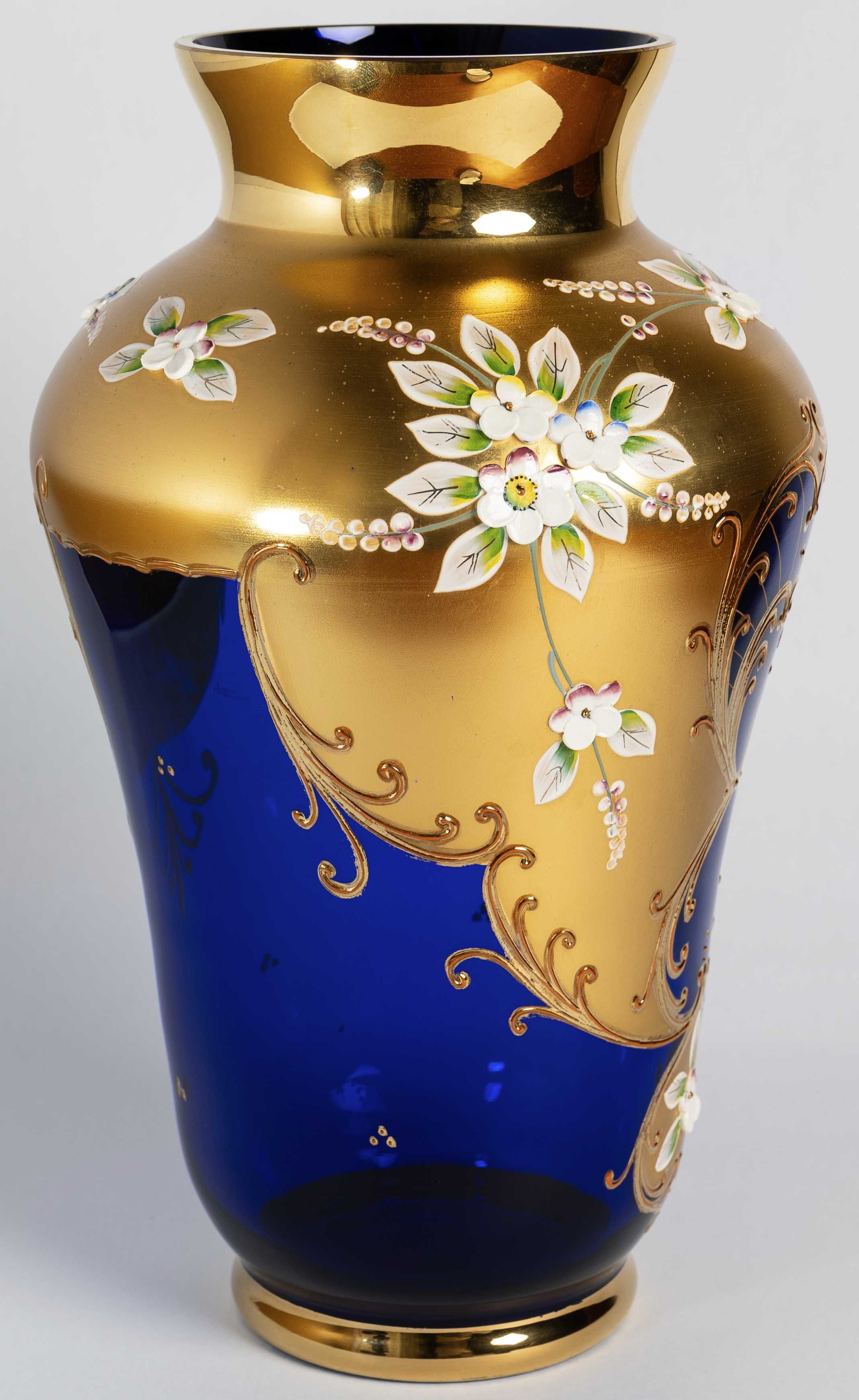 Vaza Cristal Bohemia Albastru Cobalt si Auriu cu Motive Florale