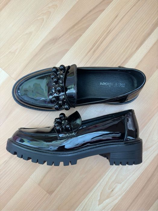 Дамски мокасини черни лачена еко кожа