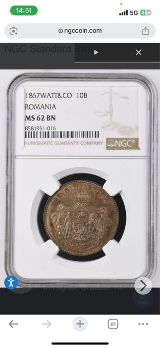 Moneda 10 bani 1867 WATT&CO MS62