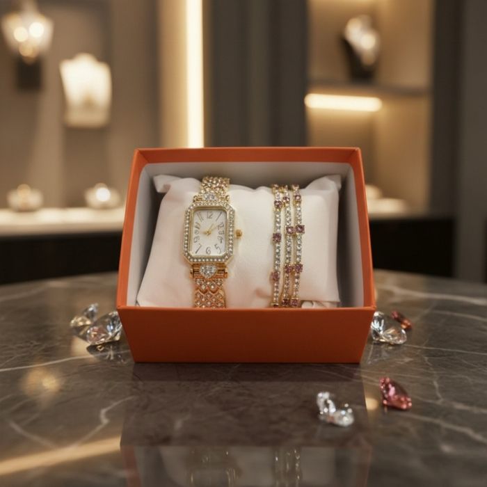 Луксозен дамски комплект: часовник и гривни в златист цвят