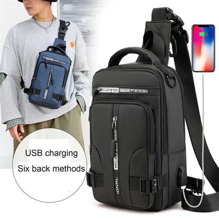 Мъжка чанта за през рамо против кражба, USB зареждане, водоустойчива