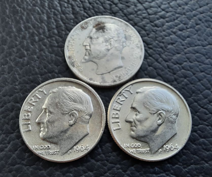 Стари сребърни монети даймове 1964 г.  САЩ  и 50 ст. 1913 г. БГ - топ