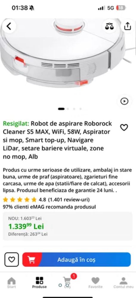 Robot de aspirare Roborock Cleaner S5 MAX, WiFi, 58W, Aspirator si mop