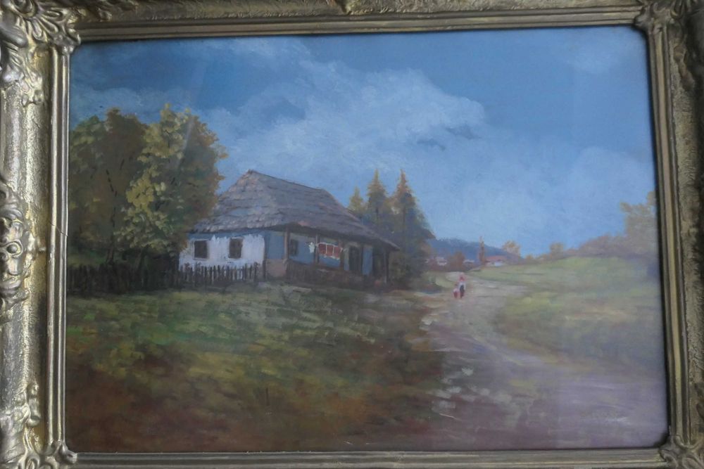 Tablou Peisaj de Iarna/ Casa Ulei pe Carton 70/50cm Semnat Rama Lemn