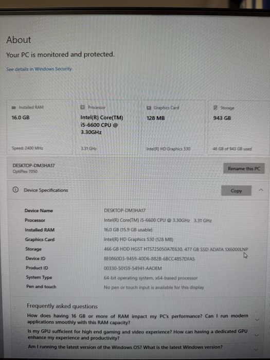 Mini PC/Tiny DELL OptiPlex 7050, Intel i5-6600, 16GB RAM, 512GB SSD