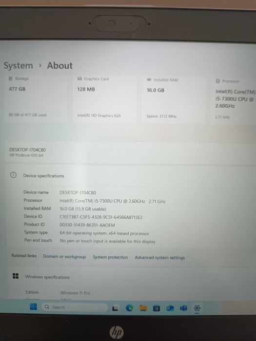 Laptop HP Probook 650 G4 (i5 7300u, 16gb ddr4, ssd 512gb, w11 pro)