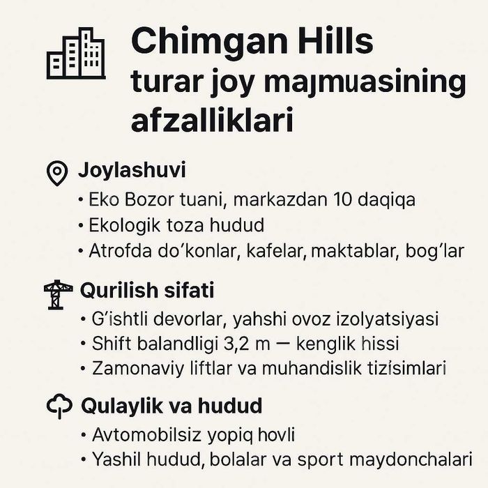 2-комнатная / 2 xonali kvartira Chimgan Hills, Eco Bazar, sotiladi
