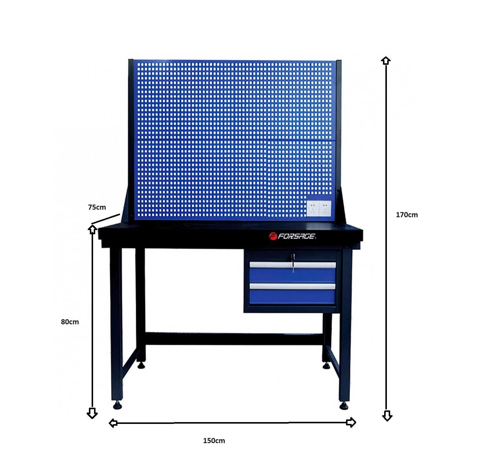 Banc de lucru din metal, 150x75cm, cu perete perforat,priza,2 sertare