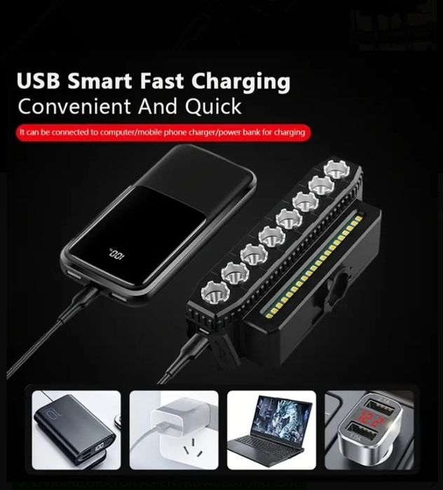 Far bicicletă 8LED + 20SMD cu claxon integrat 130dB – reîncărcabi