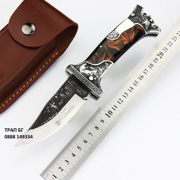 Сгъваем нож Columbia в комплект с кожен калъф и ловни мотиви