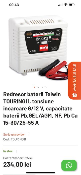 Redresor baterii Telwin TOURING11, tensiune incarcare 6/12 V