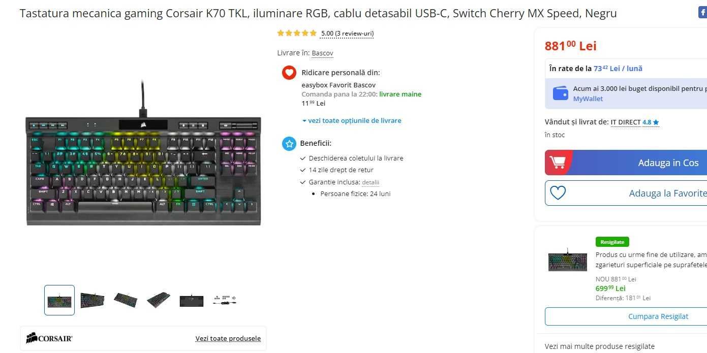 Tastatura mecanica Corsair K70 RGB TKL ( Razer, Logitech, Zowie)