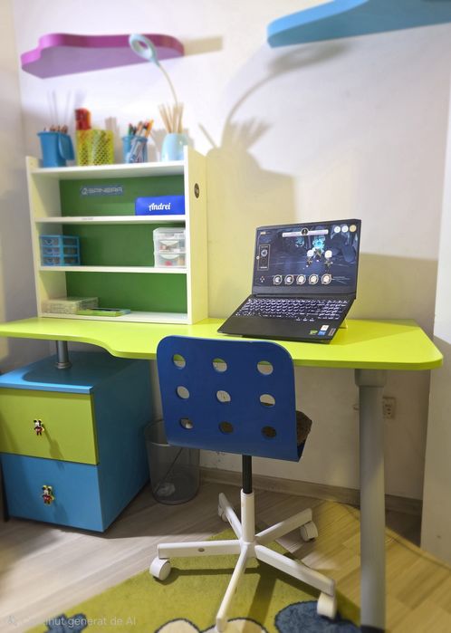 Birou pentru copii cu raft, dulap și scaun incluse