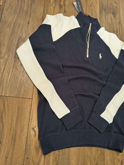 Pulover clasic, RL, half zipper, culoare navyblue&alb