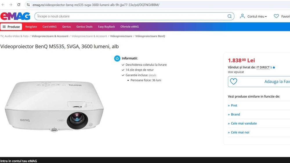 Videoproiector BenQ MS535, SVGA, 3600 lumeni, alb, nou !!