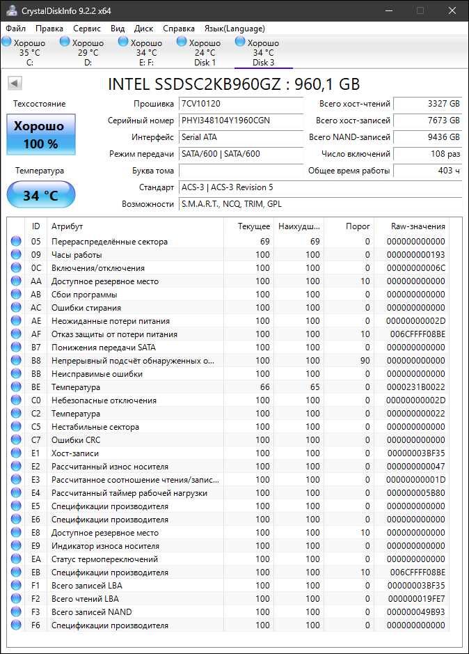 Продам серверный SSD Intel D3-S4520 на 960ГБ